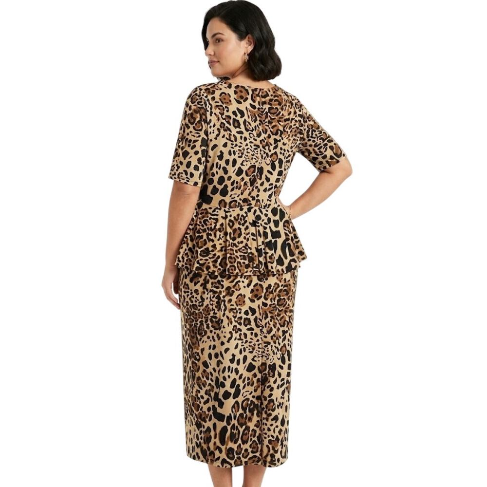 Plus Size Leopard Print Midi Dress Peplum Waist Workwear Office 2XL - Picture 2 of 3